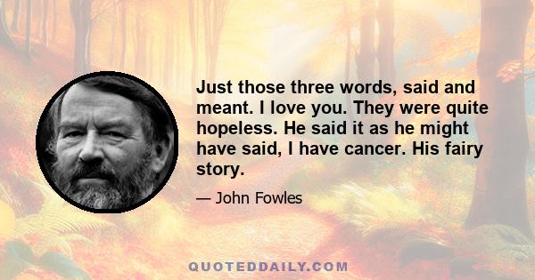 Just those three words, said and meant. I love you. They were quite hopeless. He said it as he might have said, I have cancer. His fairy story.