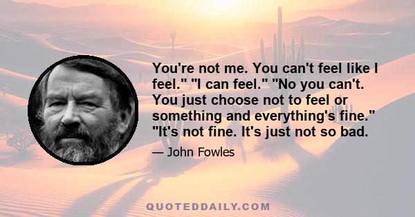 You're not me. You can't feel like I feel. I can feel. No you can't. You just choose not to feel or something and everything's fine. It's not fine. It's just not so bad.