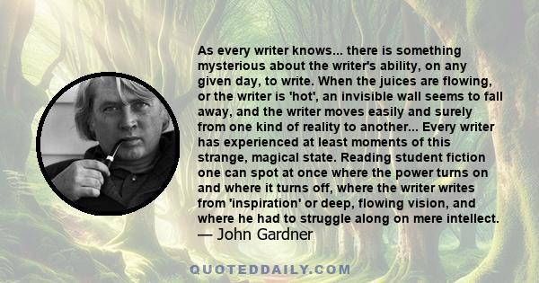 As every writer knows... there is something mysterious about the writer's ability, on any given day, to write. When the juices are flowing, or the writer is 'hot', an invisible wall seems to fall away, and the writer