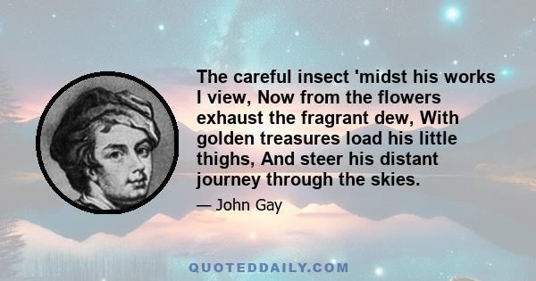 The careful insect 'midst his works I view, Now from the flowers exhaust the fragrant dew, With golden treasures load his little thighs, And steer his distant journey through the skies.