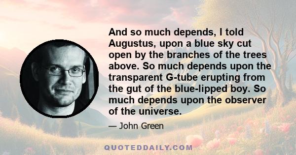 And so much depends, I told Augustus, upon a blue sky cut open by the branches of the trees above. So much depends upon the transparent G-tube erupting from the gut of the blue-lipped boy. So much depends upon the