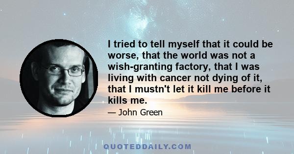 I tried to tell myself that it could be worse, that the world was not a wish-granting factory, that I was living with cancer not dying of it, that I mustn't let it kill me before it kills me.