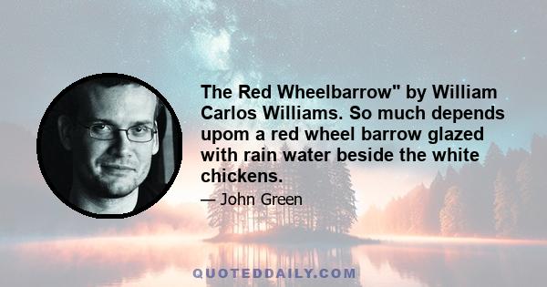 The Red Wheelbarrow by William Carlos Williams. So much depends upom a red wheel barrow glazed with rain water beside the white chickens.