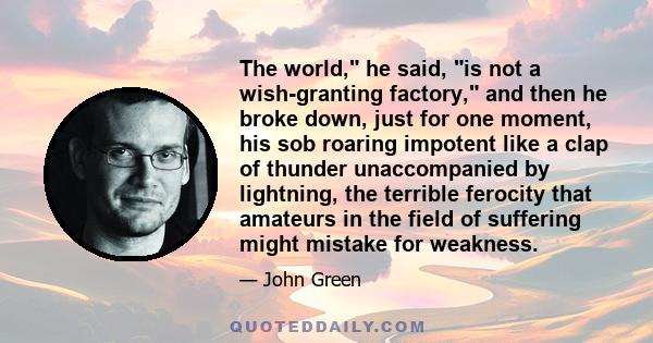 The world, he said, is not a wish-granting factory, and then he broke down, just for one moment, his sob roaring impotent like a clap of thunder unaccompanied by lightning, the terrible ferocity that amateurs in the