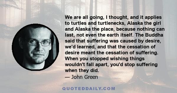 We are all going, I thought, and it applies to turtles and turtlenecks, Alaska the girl and Alaska the place, because nothing can last, not even the earth itself. The Buddha said that suffering was caused by desire,