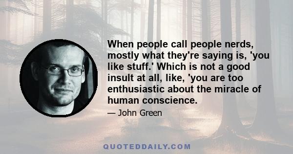 When people call people nerds, mostly what they're saying is, 'you like stuff.' Which is not a good insult at all, like, 'you are too enthusiastic about the miracle of human conscience.