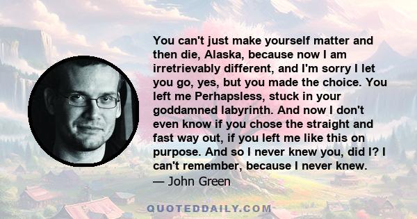 You can't just make yourself matter and then die, Alaska, because now I am irretrievably different, and I'm sorry I let you go, yes, but you made the choice. You left me Perhapsless, stuck in your goddamned labyrinth.