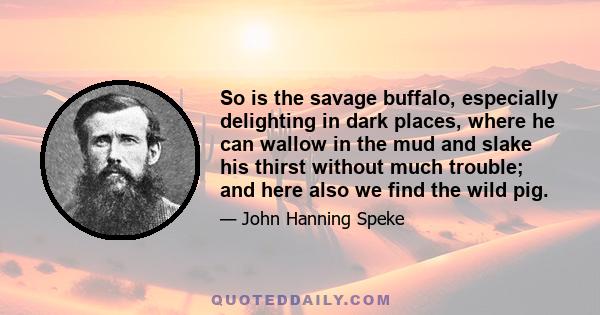 So is the savage buffalo, especially delighting in dark places, where he can wallow in the mud and slake his thirst without much trouble; and here also we find the wild pig.