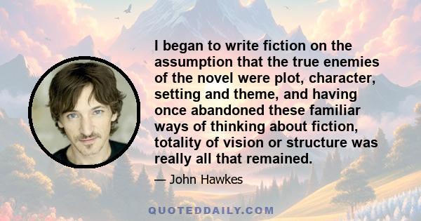 I began to write fiction on the assumption that the true enemies of the novel were plot, character, setting and theme, and having once abandoned these familiar ways of thinking about fiction, totality of vision or