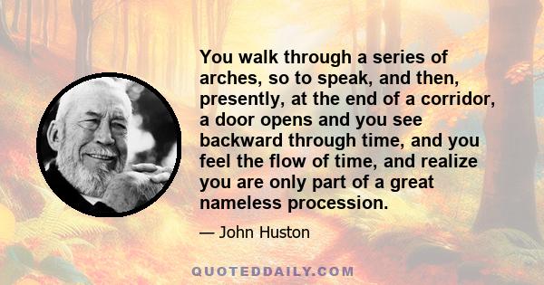 You walk through a series of arches, so to speak, and then, presently, at the end of a corridor, a door opens and you see backward through time, and you feel the flow of time, and realize you are only part of a great