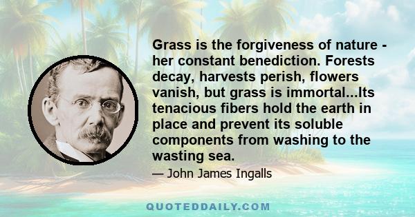 Grass is the forgiveness of nature - her constant benediction. Forests decay, harvests perish, flowers vanish, but grass is immortal...Its tenacious fibers hold the earth in place and prevent its soluble components from 