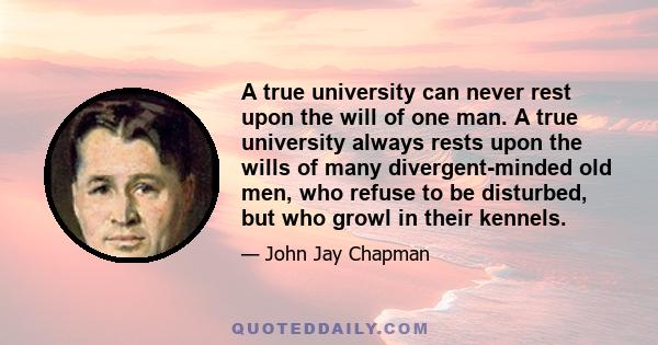 A true university can never rest upon the will of one man. A true university always rests upon the wills of many divergent-minded old men, who refuse to be disturbed, but who growl in their kennels.