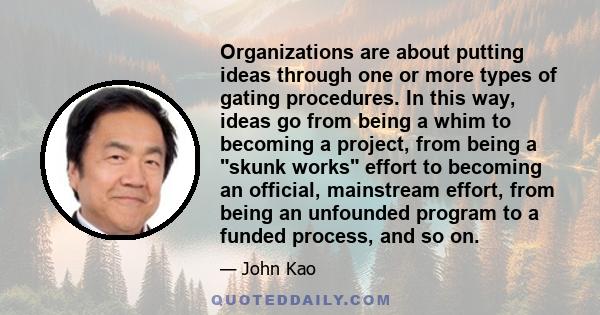 Organizations are about putting ideas through one or more types of gating procedures. In this way, ideas go from being a whim to becoming a project, from being a skunk works effort to becoming an official, mainstream