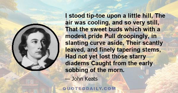 I stood tip-toe upon a little hill, The air was cooling, and so very still, That the sweet buds which with a modest pride Pull droopingly, in slanting curve aside, Their scantly leaved, and finely tapering stems, Had