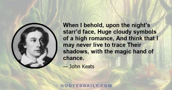 When I behold, upon the night's starr'd face, Huge cloudy symbols of a high romance, And think that I may never live to trace Their shadows, with the magic hand of chance.