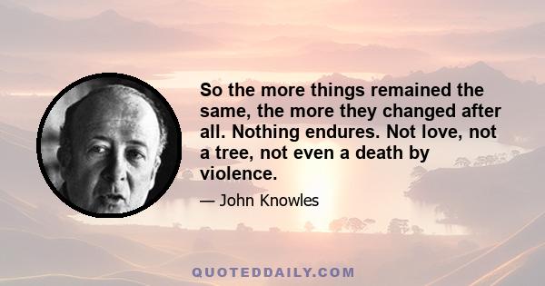 So the more things remained the same, the more they changed after all. Nothing endures. Not love, not a tree, not even a death by violence.