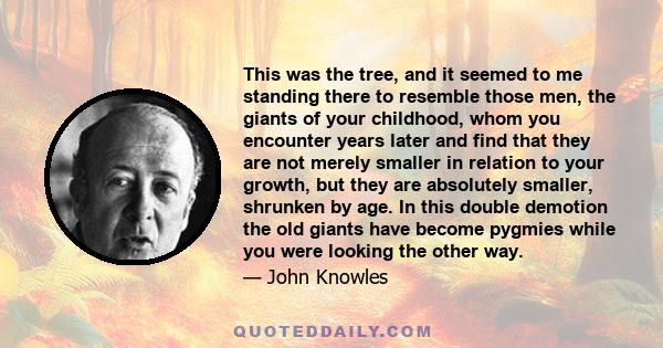 This was the tree, and it seemed to me standing there to resemble those men, the giants of your childhood, whom you encounter years later and find that they are not merely smaller in relation to your growth, but they