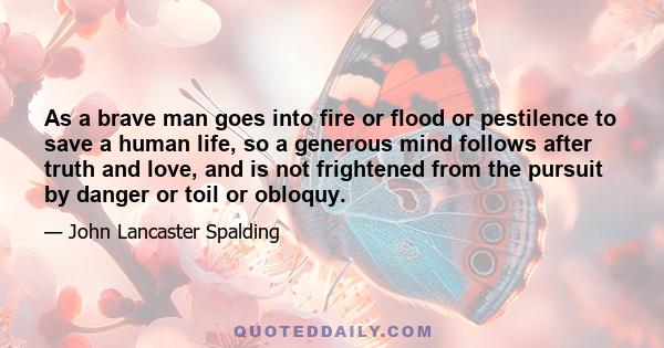 As a brave man goes into fire or flood or pestilence to save a human life, so a generous mind follows after truth and love, and is not frightened from the pursuit by danger or toil or obloquy.