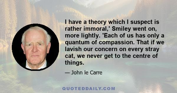 I have a theory which I suspect is rather immoral,' Smiley went on, more lightly. 'Each of us has only a quantum of compassion. That if we lavish our concern on every stray cat, we never get to the centre of things.