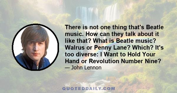 There is not one thing that's Beatle music. How can they talk about it like that? What is Beatle music? Walrus or Penny Lane? Which? It's too diverse: I Want to Hold Your Hand or Revolution Number Nine?