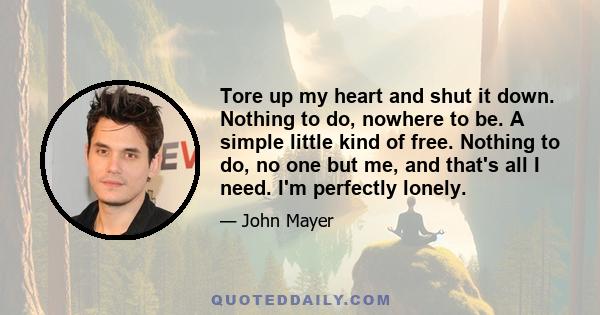 Tore up my heart and shut it down. Nothing to do, nowhere to be. A simple little kind of free. Nothing to do, no one but me, and that's all I need. I'm perfectly lonely.