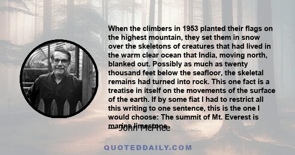 When the climbers in 1953 planted their flags on the highest mountain, they set them in snow over the skeletons of creatures that had lived in the warm clear ocean that India, moving north, blanked out. Possibly as much 