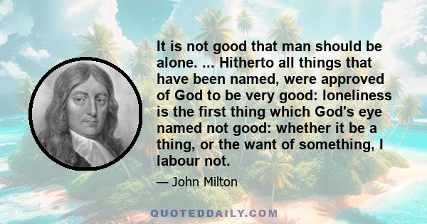 It is not good that man should be alone. ... Hitherto all things that have been named, were approved of God to be very good: loneliness is the first thing which God's eye named not good: whether it be a thing, or the