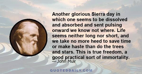 Another glorious Sierra day in which one seems to be dissolved and absorbed and sent pulsing onward we know not where. Life seems neither long nor short, and we take no more heed to save time or make haste than do the