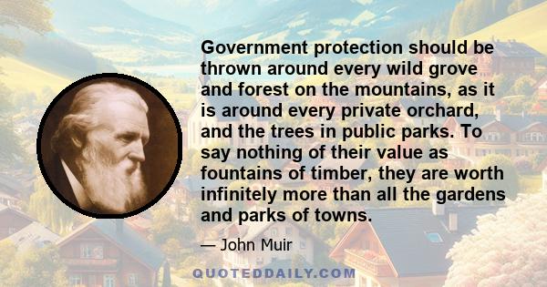 Government protection should be thrown around every wild grove and forest on the mountains, as it is around every private orchard, and the trees in public parks. To say nothing of their value as fountains of timber,