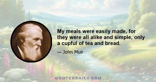 My meals were easily made, for they were all alike and simple, only a cupful of tea and bread.