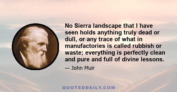 No Sierra landscape that I have seen holds anything truly dead or dull, or any trace of what in manufactories is called rubbish or waste; everything is perfectly clean and pure and full of divine lessons.