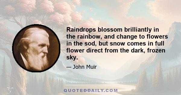 Raindrops blossom brilliantly in the rainbow, and change to flowers in the sod, but snow comes in full flower direct from the dark, frozen sky.