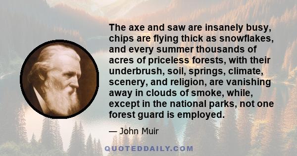 The axe and saw are insanely busy, chips are flying thick as snowflakes, and every summer thousands of acres of priceless forests, with their underbrush, soil, springs, climate, scenery, and religion, are vanishing away 