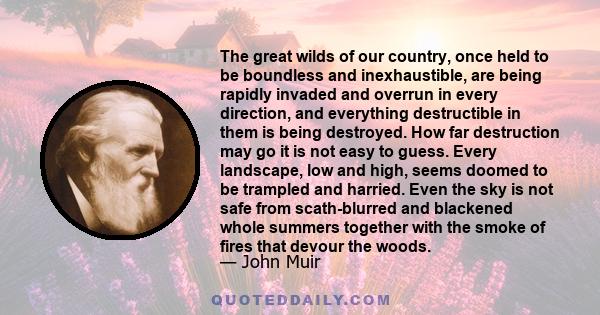 The great wilds of our country, once held to be boundless and inexhaustible, are being rapidly invaded and overrun in every direction, and everything destructible in them is being destroyed. How far destruction may go