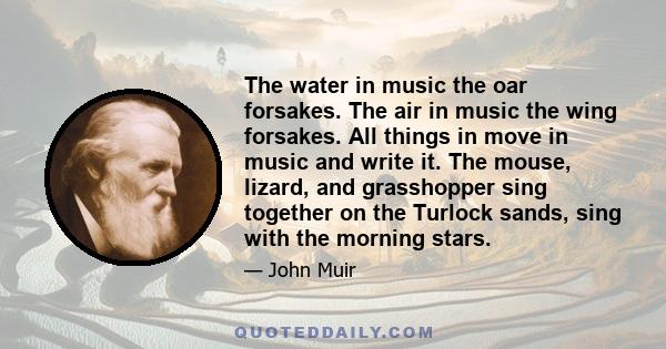 The water in music the oar forsakes. The air in music the wing forsakes. All things in move in music and write it. The mouse, lizard, and grasshopper sing together on the Turlock sands, sing with the morning stars.