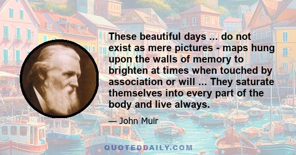 These beautiful days ... do not exist as mere pictures - maps hung upon the walls of memory to brighten at times when touched by association or will ... They saturate themselves into every part of the body and live