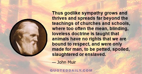 Thus godlike sympathy grows and thrives and spreads far beyond the teachings of churches and schools, where too often the mean, blinding, loveless doctrine is taught that animals have no rights that we are bound to