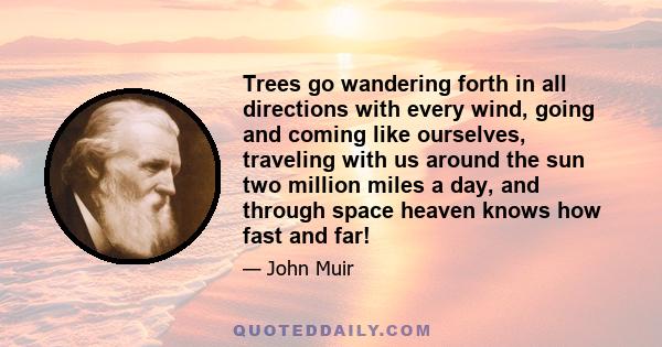 Trees go wandering forth in all directions with every wind, going and coming like ourselves, traveling with us around the sun two million miles a day, and through space heaven knows how fast and far!