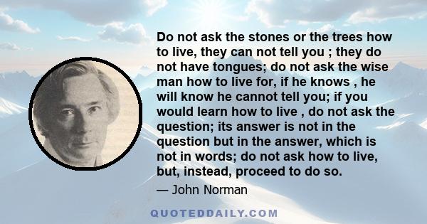 Do not ask the stones or the trees how to live, they can not tell you ; they do not have tongues; do not ask the wise man how to live for, if he knows , he will know he cannot tell you; if you would learn how to live ,