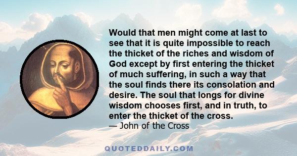 Would that men might come at last to see that it is quite impossible to reach the thicket of the riches and wisdom of God except by first entering the thicket of much suffering, in such a way that the soul finds there