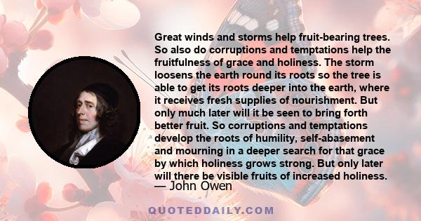 Great winds and storms help fruit-bearing trees. So also do corruptions and temptations help the fruitfulness of grace and holiness. The storm loosens the earth round its roots so the tree is able to get its roots