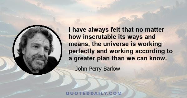 I have always felt that no matter how inscrutable its ways and means, the universe is working perfectly and working according to a greater plan than we can know.