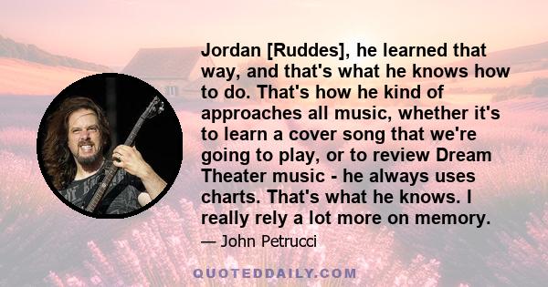 Jordan [Ruddes], he learned that way, and that's what he knows how to do. That's how he kind of approaches all music, whether it's to learn a cover song that we're going to play, or to review Dream Theater music - he