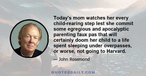 Today's mom watches her every child-rearing step lest she commit some egregious and apocalyptic parenting faux pas that will certainly doom her child to a life spent sleeping under overpasses, or worse, not going to