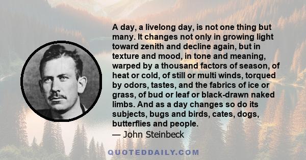 A day, a livelong day, is not one thing but many. It changes not only in growing light toward zenith and decline again, but in texture and mood, in tone and meaning, warped by a thousand factors of season, of heat or