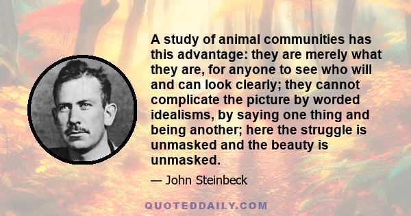 A study of animal communities has this advantage: they are merely what they are, for anyone to see who will and can look clearly; they cannot complicate the picture by worded idealisms, by saying one thing and being