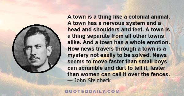 A town is a thing like a colonial animal. A town has a nervous system and a head and shoulders and feet. A town is a thing separate from all other towns alike. And a town has a whole emotion. How news travels through a