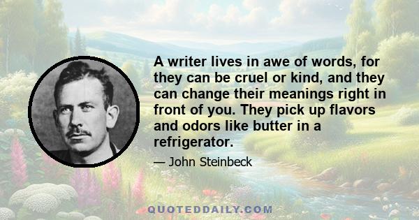 A writer lives in awe of words, for they can be cruel or kind, and they can change their meanings right in front of you. They pick up flavors and odors like butter in a refrigerator.