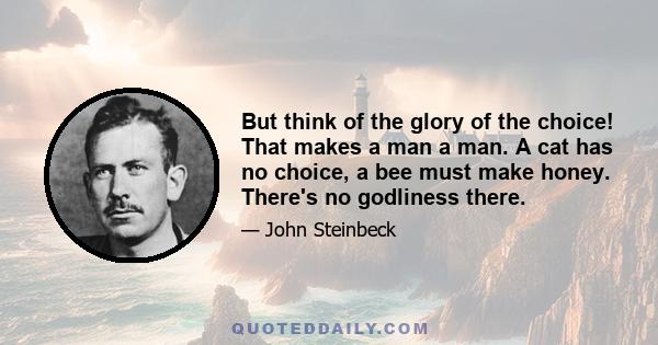 But think of the glory of the choice! That makes a man a man. A cat has no choice, a bee must make honey. There's no godliness there.