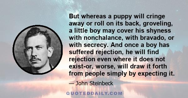 But whereas a puppy will cringe away or roll on its back, groveling, a little boy may cover his shyness with nonchalance, with bravado, or with secrecy. And once a boy has suffered rejection, he will find rejection even 